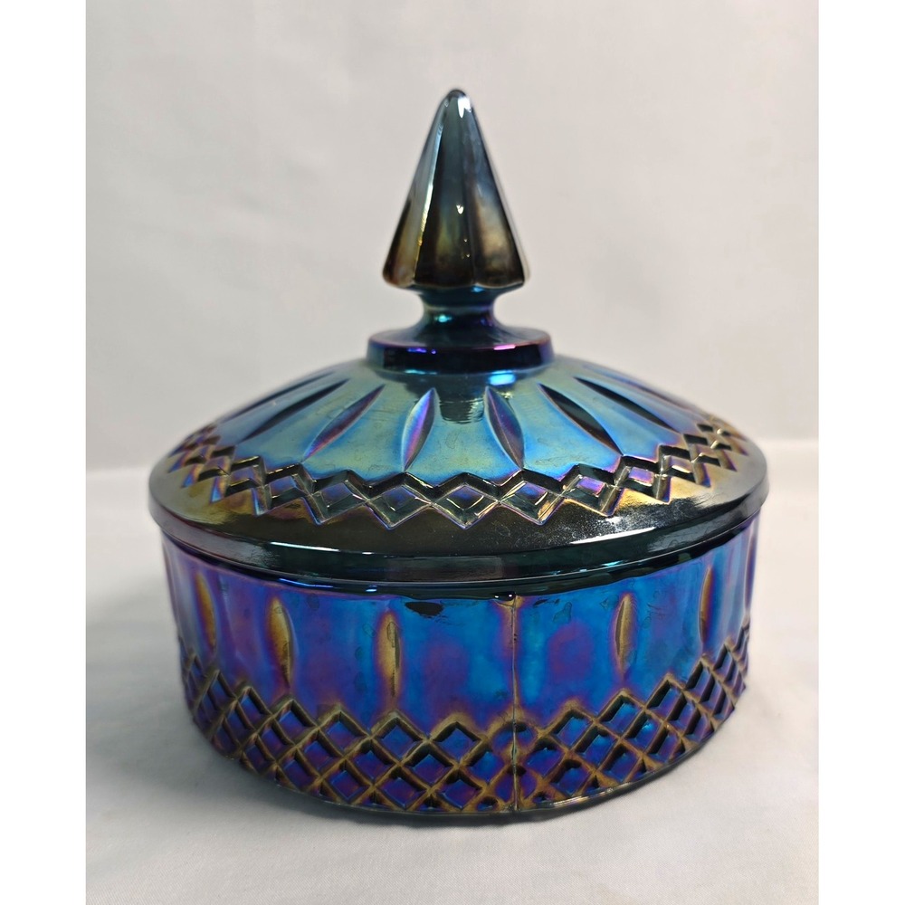 Blue Iridescent Carnival Glass Covered Bowl w/ Lid Diamond Pattern Round